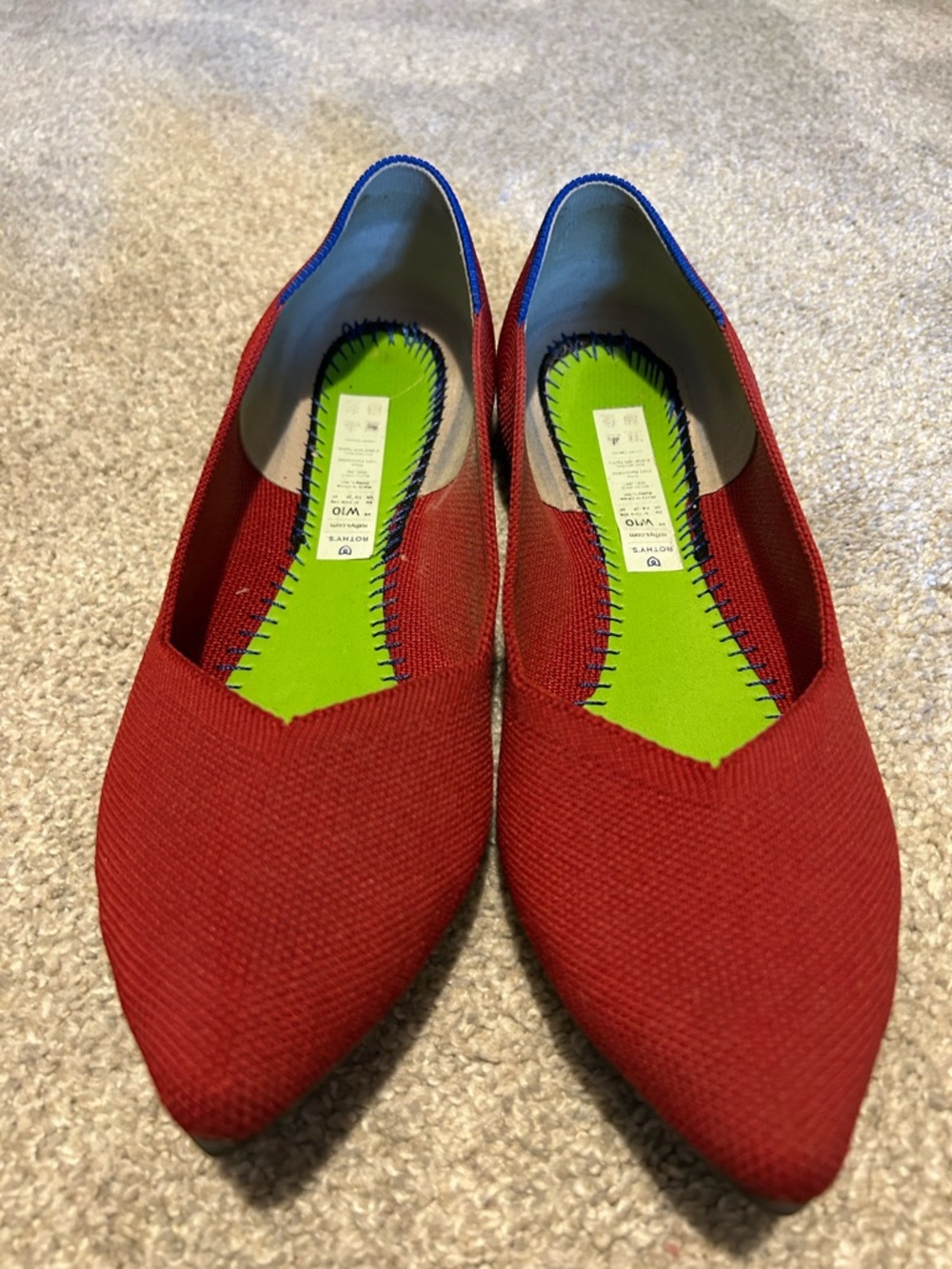 Rothy's Pointed Red Knit Ballet Flats with Blue Accent - Picture 3 of 5